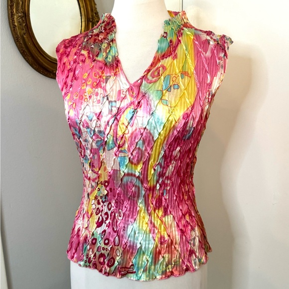 Vintage NICOLA Crinkle Sleeveless Top Pink Disco Retro - Picture 1 of 12